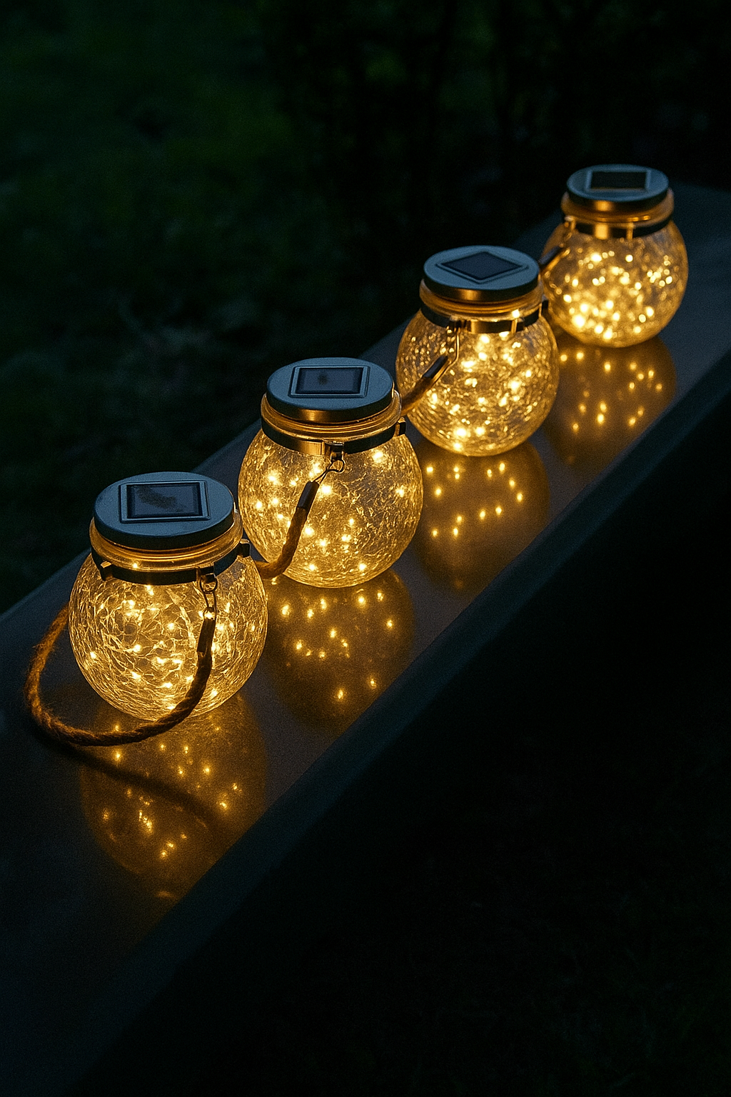 Row of solar-powered glass jars with LED lights on a dark surface